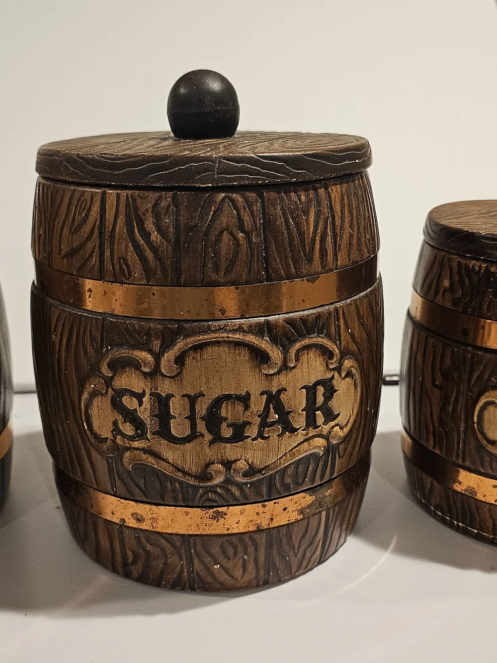 Vintage Treasure Craft Wood Grain Barrel Ceramic Canisters - Brown & Gold